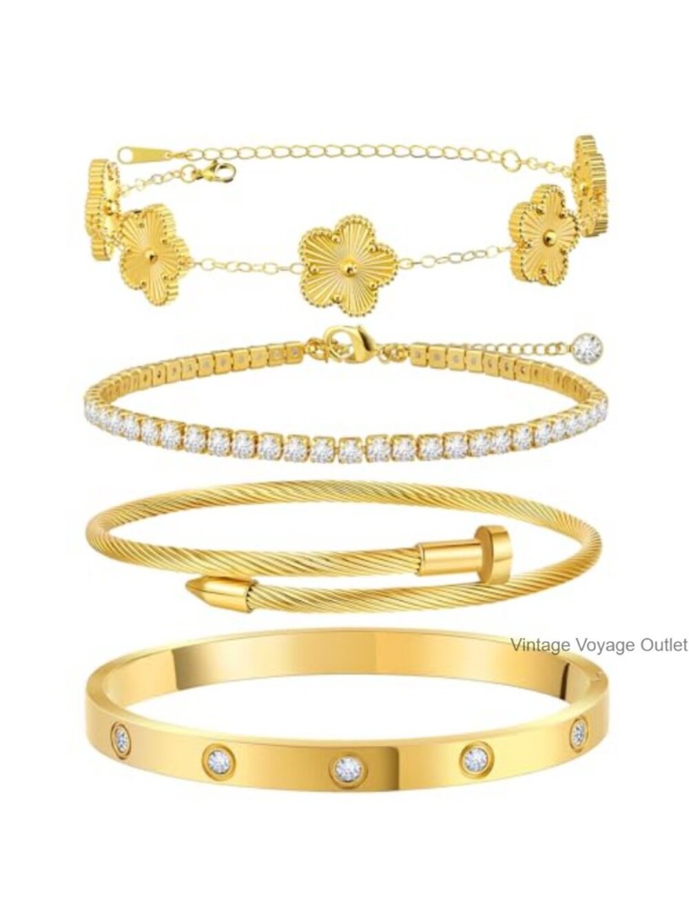 18K Gold Plated Stainless Steel Stackable Bracelet Set 4 Pcs Women's Trendy